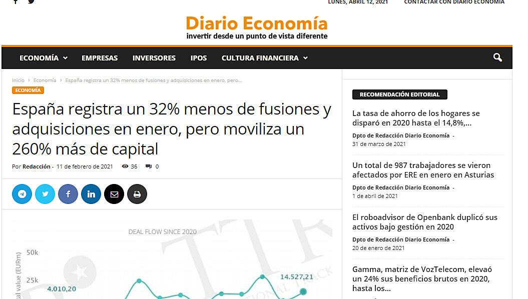 Espaa registra un 32% menos de fusiones y adquisiciones en enero, pero moviliza un 260% ms de capital